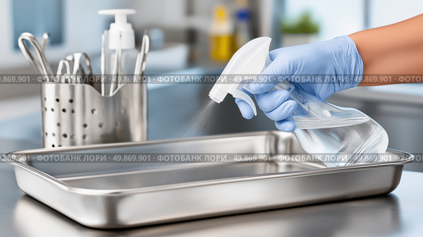 Disinfectant Spray on Dental Tray, Sterile Medical Cleaning in Clinical Setting. Стоковое AI-изображение, AI-художник Katsiaryna Repich / Фотобанк Лори