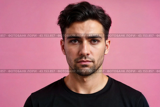 Dissatisfied young man looking unpleasantly away, expresses aversion, smirking at pink background. Guy in black t-shirt scared, negative face expressions concept. Advertising. Copy text space. Стоковое AI-изображение, AI-художник Aleksandr Golubev / Фотобанк Лори