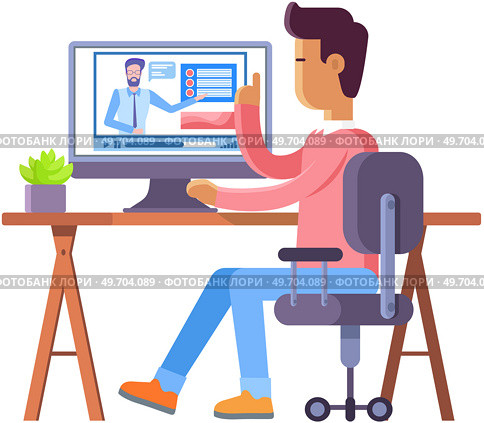 Distance education on quarantine male student learning online on computer at home. Man sitting at desk with computer, studying lesson, tutorial teacher on screen. Workflow, business conference. Distance education, male student learning online on computer at home. Workflow, business conference. Стоковая иллюстрация, агентство Ingram Publishing / Фотобанк Лори