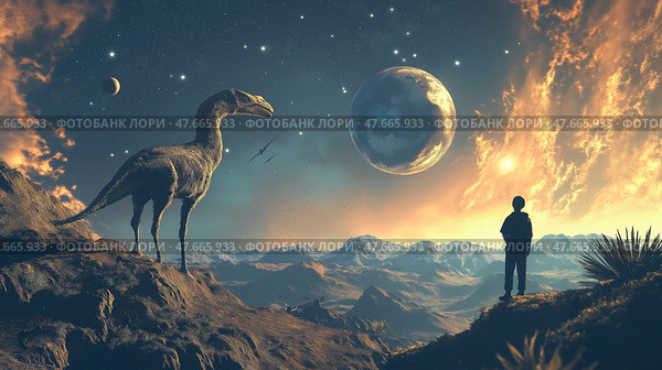 Distant worlds collide as a human surveys an alien landscape with a dinosaur-like creature. Стоковое AI-изображение, AI-художник Михаил Коханчиков / Фотобанк Лори