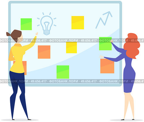 Distribution of duties, teamwork with planning tasks, goals, training for colleagues concept. Women add stickers to daily quest board. Employees make work plan, create list of working tasks. Women add stickers to daily quest board. Employees make work plan, create list of working tasks. Стоковая иллюстрация, агентство Ingram Publishing / Фотобанк Лори