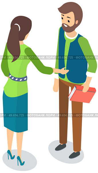 Distributor advertises, promotes to customer. Advertising proposal, marketing strategy, promotion concept. Man and woman communicate, discuss. Male character standing with book in his hands. Distributor advertises, promotes to customer. Man with book in his hands and woman communicate. Стоковая иллюстрация, агентство Ingram Publishing / Фотобанк Лори