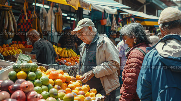 Diverse group of individuals standing around a fruit stand, examining the produce and engaging in conversation. Стоковое AI-изображение, AI-художник Данила Большаков / Фотобанк Лори
