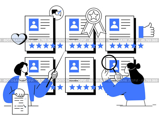 Diverse job applicants are illustrated with profile ratings and approval indicators including stars and thumbs-up icons. Ideal for recruitment, employee evaluation, hiring process, performance. Simplified Visual of Job Application Review Process with Profile Ratings and Approval Indicators. Стоковая иллюстрация, агентство Ingram Publishing / Фотобанк Лори