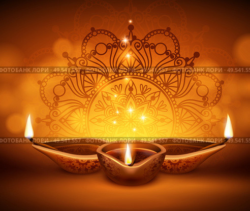 Diwali lanterns realistic composition with images of candles and blurred lights background with specks and drawings vector illustration. Стоковая иллюстрация, агентство Ingram Publishing / Фотобанк Лори