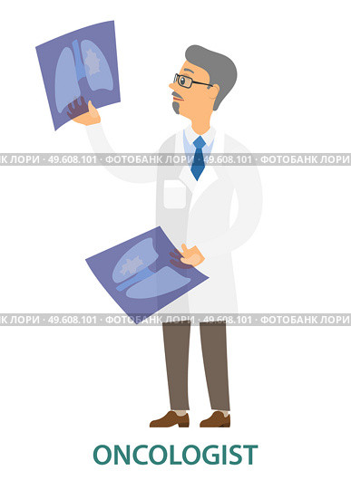 Doctor examining a lung radiography vector illustration. Oncologist holding X-ray picture of patient. Man in white coat is looking at a photo. Male character in glasses isolated on white background. Doctor examining a lung radiography vector illustration. Oncologist holding X-ray picture of patient. Стоковая иллюстрация, агентство Ingram Publishing / Фотобанк Лори