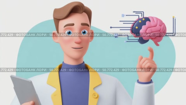 Doctor explaining brain functions with digital tablet on white background. Стоковое AI-видео, аниматор Юрий Поздников / Фотобанк Лори