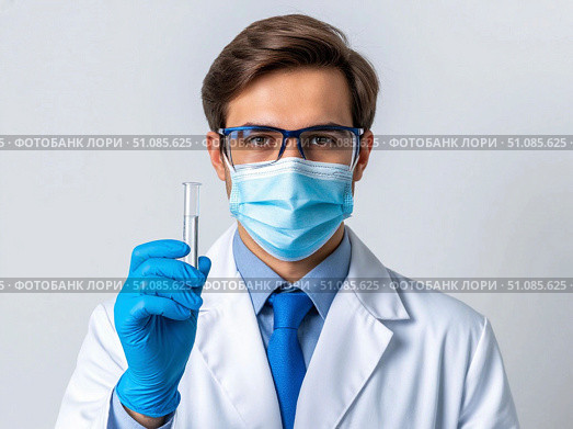 Doctor in medical mask and rubber gloves, holds in her hands, closeup of test tube. Стоковое AI-изображение, AI-художник Ирина Гильмуллина / Фотобанк Лори