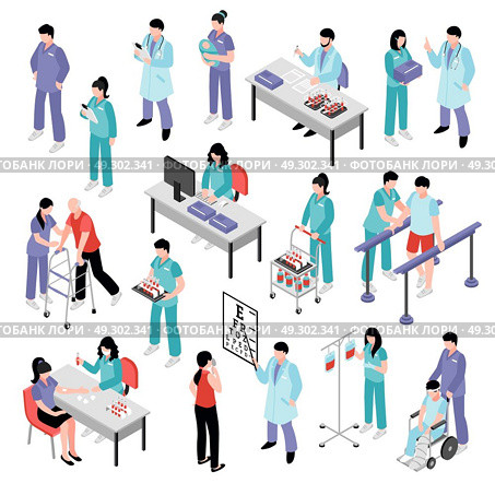 Doctor Nurse Hospital Isometric Set. Docters physicians nurses physiotherapist and laboratory assistent attending patients in hospital isometric icons collection isolated vector illustration . Стоковая иллюстрация, агентство Ingram Publishing / Фотобанк Лори