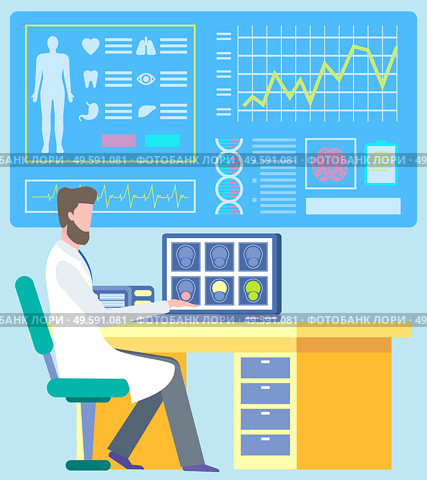Doctor sitting on workplace and researching diagnostic report patient, ct scan. Monitor with cardiogram and organs icon, laboratory occupation, mri vector. Health Diagnostic, CT or MRI, Medical Care Vector. Стоковая иллюстрация, агентство Ingram Publishing / Фотобанк Лори