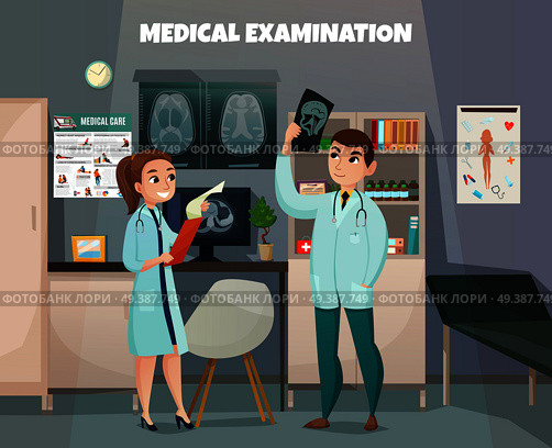 Doctors profession composition with clinic office room environment interior elements and human characters with ultrasonography baby shots vector illustration. Clinical Tests Lab Composition. Стоковая иллюстрация, агентство Ingram Publishing / Фотобанк Лори