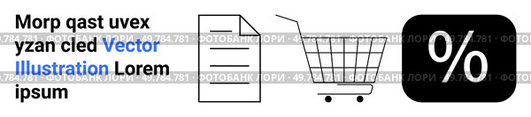Document icon, shopping cart, and percentage discount symbol. Ideal for e-commerce, online shopping promotions, discount offers, sales events, marketing strategies, retail advertisements, and price. Digital Shopping and Discount Concept with Document, Shopping Cart, and Percentage Symbol. Стоковая иллюстрация, агентство Ingram Publishing / Фотобанк Лори