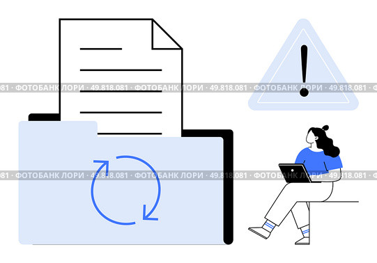 Document in folder with synchronization icon, attention triangle, and person using a laptop. Ideal for digital workflow, data management, document handling, updates, alerts, office productivity, IT. Managing Document Updates with Synchronization Process Highlighted in Digital Workspace. Стоковая иллюстрация, агентство Ingram Publishing / Фотобанк Лори