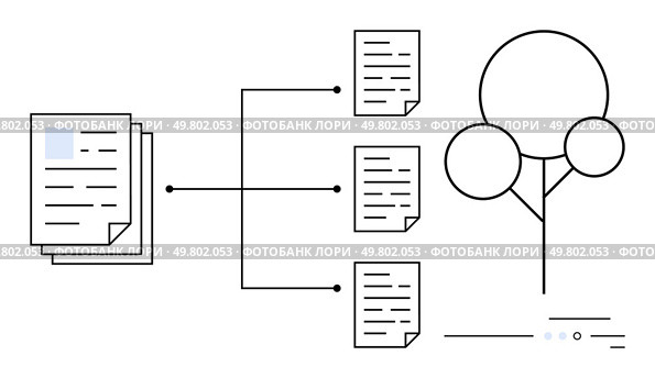 Documents branching out into organized sections from main stack to a tree diagram. Ideal for file management, data organization, work process optimization, knowledge distribution, digital storage. Document Management and Organization Process With Structured Tree Diagram. Стоковая иллюстрация, агентство Ingram Publishing / Фотобанк Лори