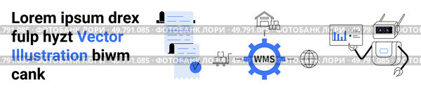 Documents stack with notification icons, WMS gear with global connections, robot analyzing chart. Ideal for business automation, supply chain, technology solutions, productivity tools, AI, data. Vector Business Workflow Featuring Documents, WMS Gear, Robot Analyzing Data. Стоковая иллюстрация, агентство Ingram Publishing / Фотобанк Лори