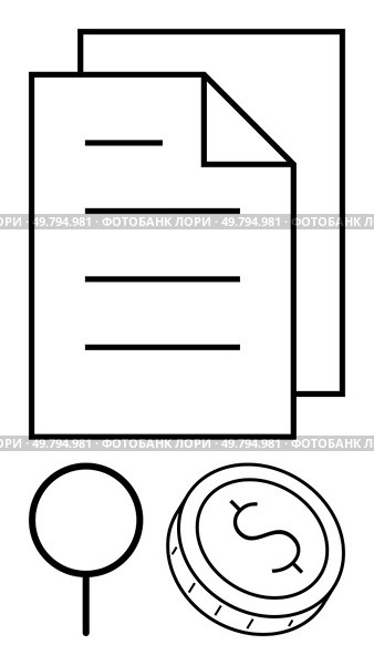 Documents with lines, magnifying glass, and dollar coin. Ideal for business analysis, financial planning, accounting, investment, auditing research economy. Line metaphor. Financial Analysis and Documentation with Magnifying Glass and Dollar Coin. Стоковая иллюстрация, агентство Ingram Publishing / Фотобанк Лори