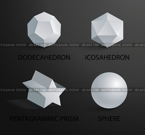Dodecahedron and icosahedron, pentagrammic prism and sphere, 3d shapes, geometric shapes forms with headlines, vector illustration isolated on black. Dodecahedron and Icosahedron Vector Illustration. Стоковая иллюстрация, агентство Ingram Publishing / Фотобанк Лори