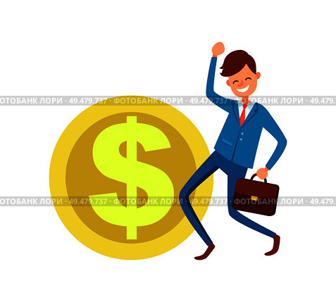 Dollar icon and happy businessman making yes gesture vector isolated. Boss in suit ready to get money, briefcase in hands. Person earned a lot of cash. Dollar Icon and Businessman Making Yes Gesture. Стоковая иллюстрация, агентство Ingram Publishing / Фотобанк Лори