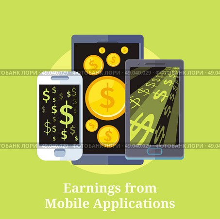 Dollar money phone concept illustration of mobile cell phone smartphone with gold dollar and coins. Earning from mobile application. Online payments. Earning from Mobile Applications. Стоковая иллюстрация, агентство Ingram Publishing / Фотобанк Лори