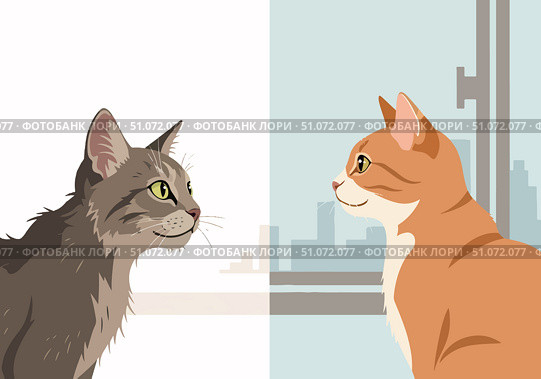 Domestic cat gazing at homeless cat with envy through window, illustrating contrast in living conditions. Minimalist design captures feelings of longing for companionship and comfort among felines, Стоковое AI-изображение, AI-художник Ольга Березина / Фотобанк Лори