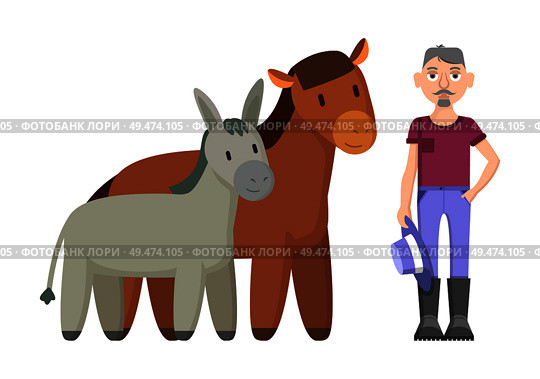 Donkey horse and farmer wearing rustic clothes holding hat. Livestock of male living in countryside. Animals mammals breeding vector illustration. Donkey Horse Farmer with Hat Vector Illustration. Стоковая иллюстрация, агентство Ingram Publishing / Фотобанк Лори