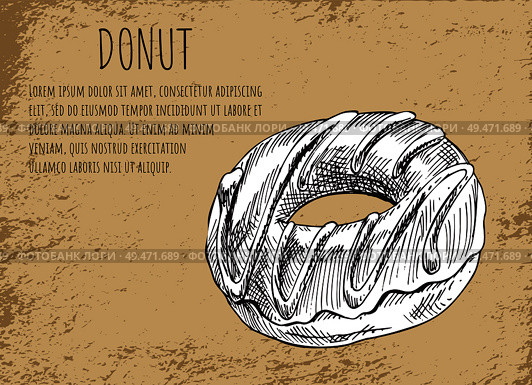 Donut poster with glazed chocolate dessert and topping. Monochrome sketch outline and editable text sample, takeaway fast food vector illustration. Donut Poster with Dessert Vector Illustration. Стоковая иллюстрация, агентство Ingram Publishing / Фотобанк Лори