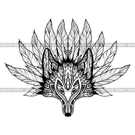 Doodle wolf mask with decorative pattern and feathers vector illustration. Doodle Wolf Mask. Стоковая иллюстрация, агентство Ingram Publishing / Фотобанк Лори