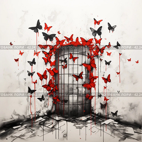 Door with bars and red butterflies,Generative AI. Стоковое AI-изображение, AI-художник Анна Кривицкая / Фотобанк Лори