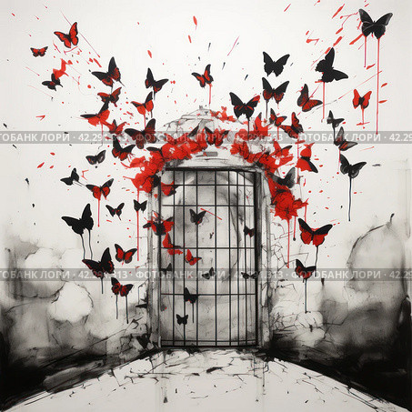 Door with bars and red butterflies,Generative AI. Стоковое AI-изображение, AI-художник Анна Кривицкая / Фотобанк Лори