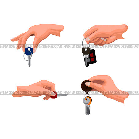 Doors and car keys in human hands set. Mans hand holding modern keys with trinket and car remote alarm on keyring flat vector illustrations isolated on white for real estate, auto and security concept. Doors and Car Keys in Human Hands Flat Vectors Set. Стоковая иллюстрация, агентство Ingram Publishing / Фотобанк Лори