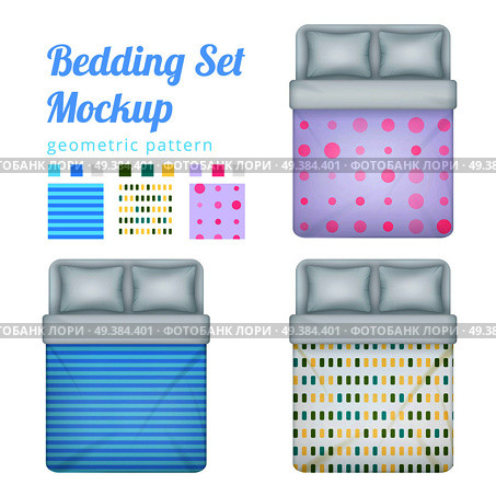 Double bed bedding set of realistic queen beds and patterns for bedclothing with examples of blanket vector illustration. Queen Bedding Patterns Set. Стоковая иллюстрация, агентство Ingram Publishing / Фотобанк Лори