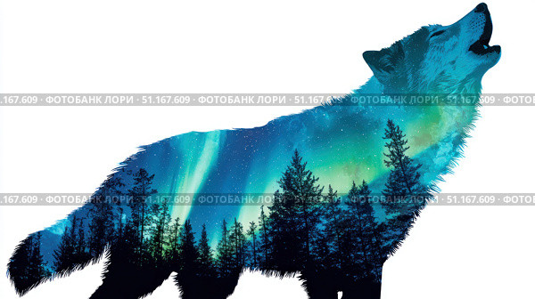 Double exposure image of a wolf howling at the aurora borealis over a conifer forest, creating a beautiful and evocative scene of wilderness. Стоковое AI-изображение, AI-художник Юрий Поздников / Фотобанк Лори