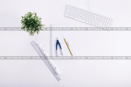 drafting tools near plant keyboard. Стоковое фото, агентство Ingram Publishing / Фотобанк Лори
