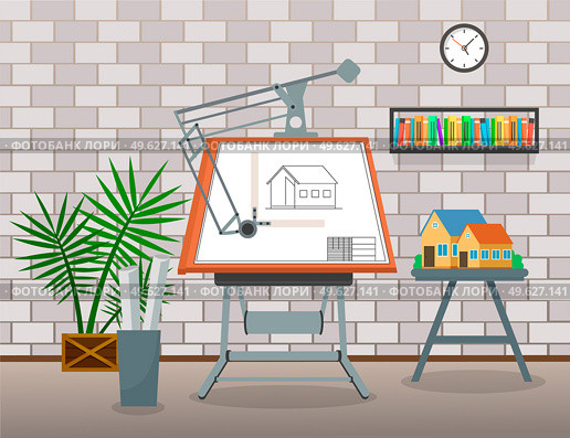 Draftsman studio, workplace or workspace of desinger or architect, drawn new house plan at board, installation of small house, new project of home, modern interior design with brick wall and bookshelf. Draftsman studio, workplace or workspace of desinger or architect, board with house plan, project. Стоковая иллюстрация, агентство Ingram Publishing / Фотобанк Лори
