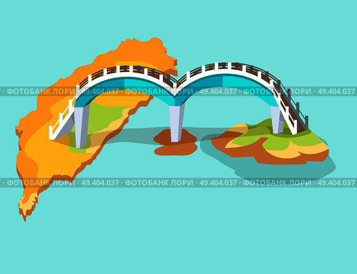 Dragon arched bridge in Taiwan drawn icon isolated on blue. Vector illustration of Formosa bridgework located between several islets and ends on largest of Sanyatay aits. Two arches on lower islands.. Dragon Arched Bridge in Taiwan Hand Drawn Icon. Стоковая иллюстрация, агентство Ingram Publishing / Фотобанк Лори