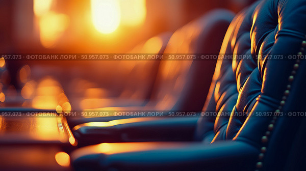 Dramatic golden hour light casting a warm glow on luxurious tufted leather chairs in a high-end refined interior, perfect for sophisticated ambiance. Стоковое AI-изображение, AI-художник Данила Большаков / Фотобанк Лори