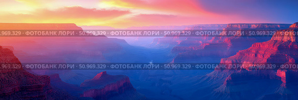 Dramatic Grand Canyon vista at dawn or dusk, featuring layered rock formations illuminated by stunning hues of pink, orange, and purple, with a hazy river winding through the deep chasm. Стоковое AI-изображение, AI-художник Данила Большаков / Фотобанк Лори