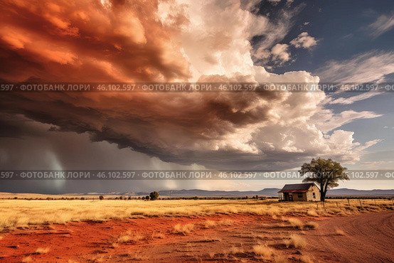 Dramatic rainstorm approaching abandoned farmhouse in desert landscape. Стоковое AI-изображение, AI-художник Иван Рябоконь / Фотобанк Лори