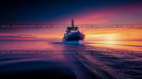 Dramatic seafaring adventure: A ship sails into a vivid sunset. Стоковое AI-изображение, AI-художник Данила Большаков / Фотобанк Лори