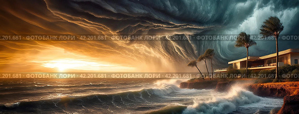 Dramatic Supercell Storm Over a Coastal Home. A colossal supercell storm with swirling clouds looms over palm trees and a modern house on a rocky coast, depicting extreme weather conditions. Стоковое AI-изображение, AI-художник Igor Tichonow / Фотобанк Лори