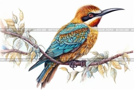 Drawing of a bee-eater on a white background, watercolor style, Generative AI. Стоковое AI-изображение, AI-художник Анна Кривицкая / Фотобанк Лори