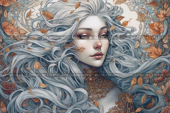 Drawing of a long-haired woman in shades of gray, portrait, ,Generative AI. Стоковое AI-изображение, AI-художник Анна Кривицкая / Фотобанк Лори