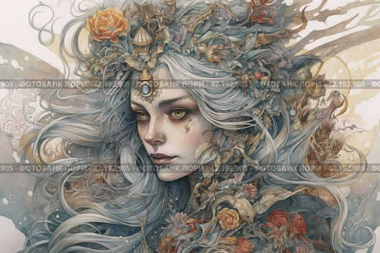 Drawing of a long-haired woman in shades of gray, portrait, ,Generative AI. Стоковое AI-изображение, AI-художник Анна Кривицкая / Фотобанк Лори