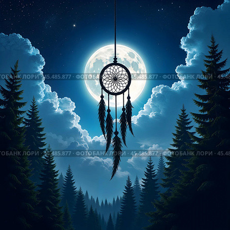 Dreamcatcher on the background of the night forest. Стоковое AI-изображение, AI-художник RamA / Фотобанк Лори