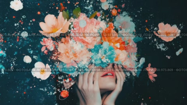 Dreamy artistic portrayal of a woman's graceful form embracing a magnificent flower array, scatterings of light in deep space. Стоковое AI-видео, аниматор Данила Большаков / Фотобанк Лори