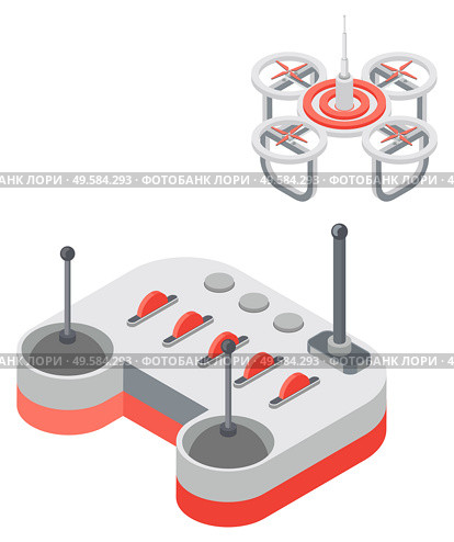 Drone with remote controller, wireless device with propellers, quadcopter symbol, aircraft with remotely radio controlled flying robots, discovery air robot for video and photo, multicopter vector. Quadcopter and Remote Controller, Drone Vector. Стоковая иллюстрация, агентство Ingram Publishing / Фотобанк Лори