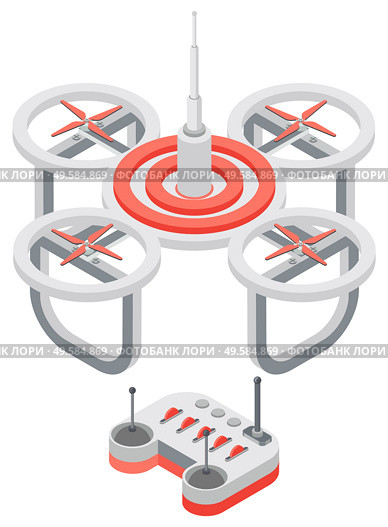 Drone with remote controller, wireless device with propellers, quadcopter symbol, aircraft with remotely radio controlled flying robots, discovery air robot for video and photo, multicopter vector. Quadcopter and Remote Controller, Drone Vector. Стоковая иллюстрация, агентство Ingram Publishing / Фотобанк Лори