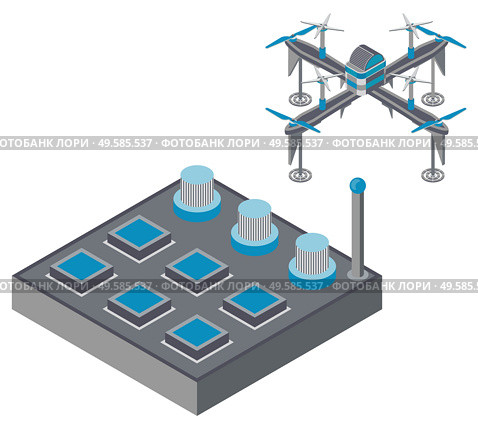 Drone with remote controller, wireless device with propellers, quadcopter symbol, aircraft with remotely radio controlled flying robots, discovery air robot for video and photo, multicopter vector. Quadcopter and Remote Controller, Drone Vector. Стоковая иллюстрация, агентство Ingram Publishing / Фотобанк Лори
