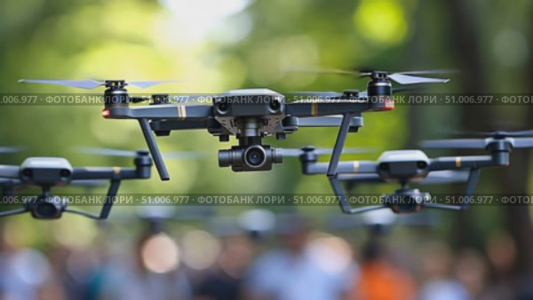Drones hover above a busy park filled with people, showcasing their aerial capabilities against a backdrop of trees and bright skies. Стоковое AI-видео, аниматор Данила Большаков / Фотобанк Лори