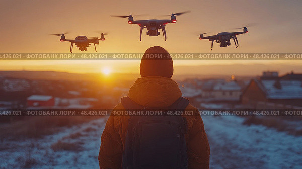 Drones soar gracefully through the sky as a person stands still, admiring the stunning sunset in a peaceful winter setting. Стоковое AI-изображение, AI-художник Данила Большаков / Фотобанк Лори